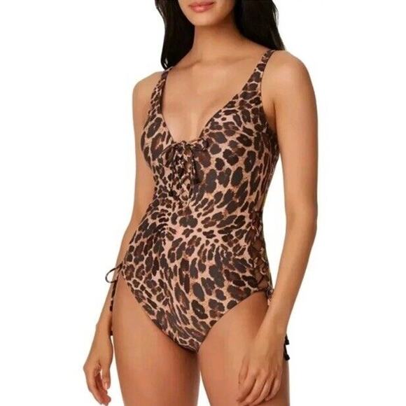 Bar III One Piece Swimsuit Sz Small Brown Leopard Print Lace Up Sides Womens NEW - Picture 1 of 9